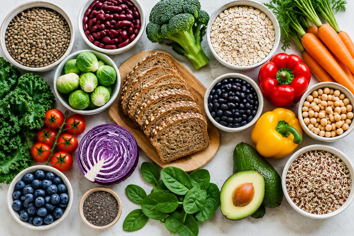 Auswahl ballaststoffreicher Lebensmittel wie Vollkornbrot, Hülsenfrüchte, Gemüse und Haferflocken