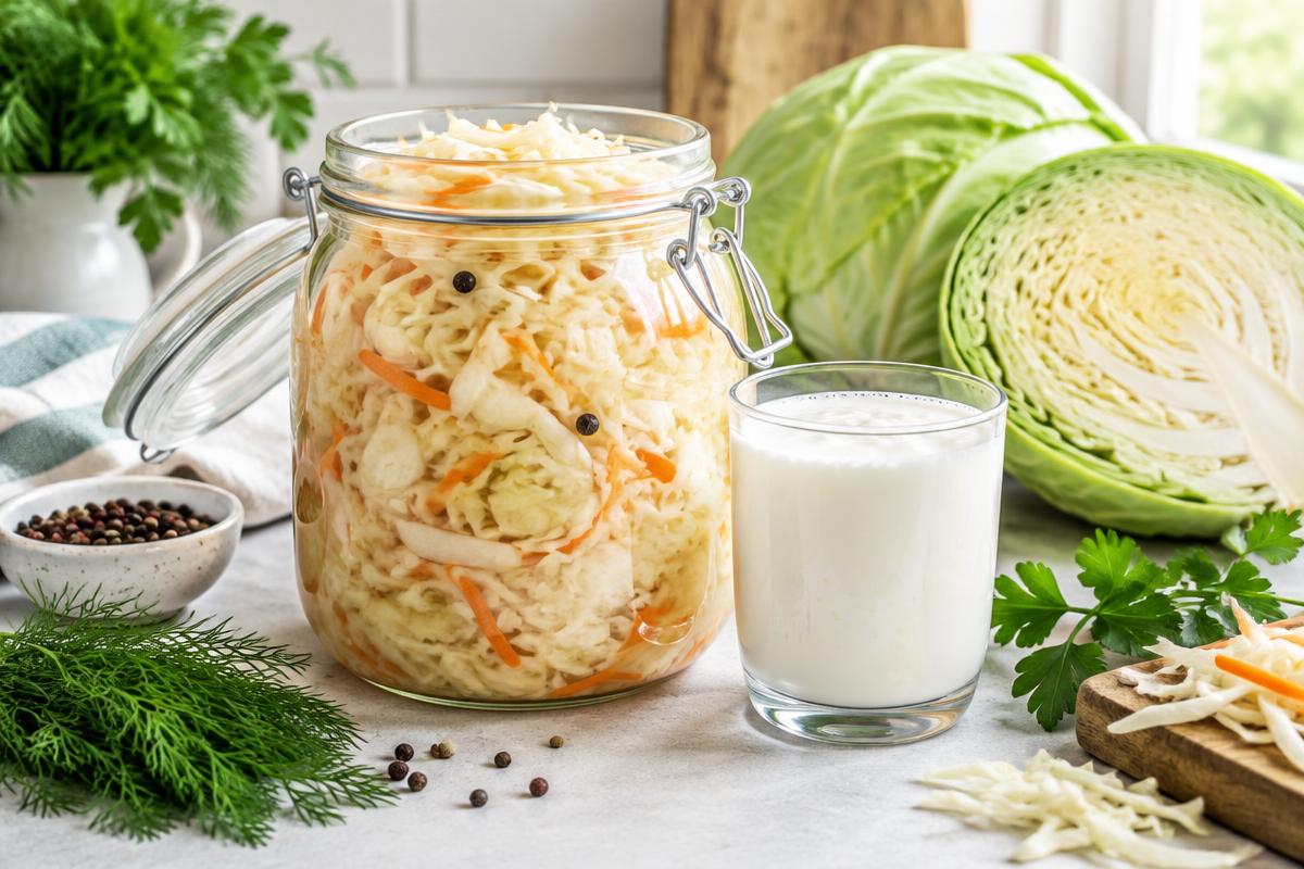 Glas Sauerkraut und Kefir neben frischem Kohl