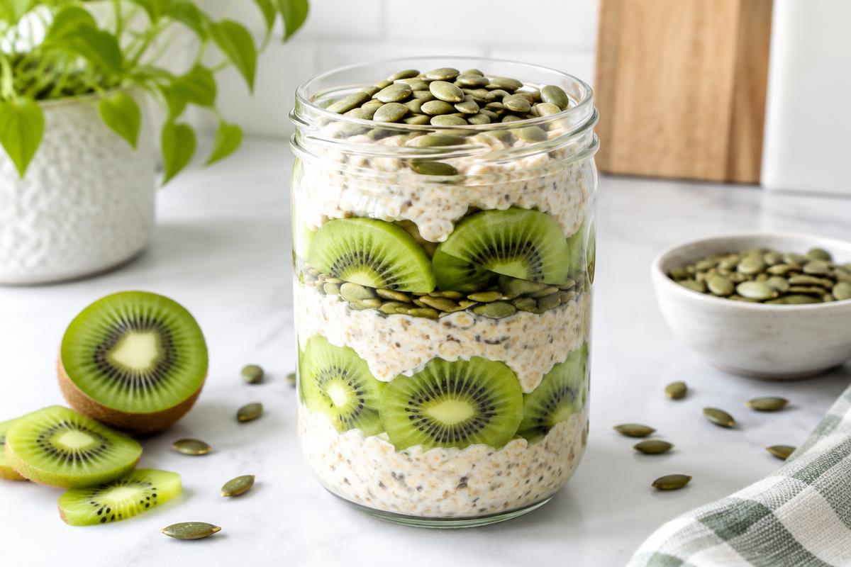 Glas mit Overnight Oats, geschichtet mit Kiwischeiben und Kürbiskernen