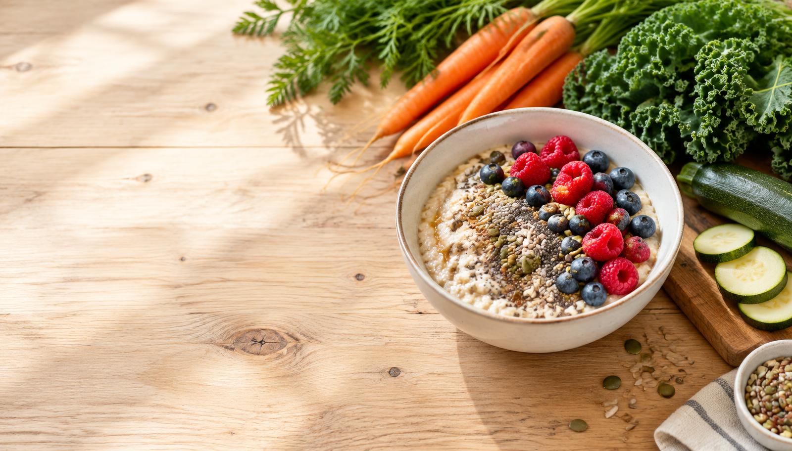 Haferporridge mit Beeren, neben frischem Gemüse auf einem hellen Holztisch